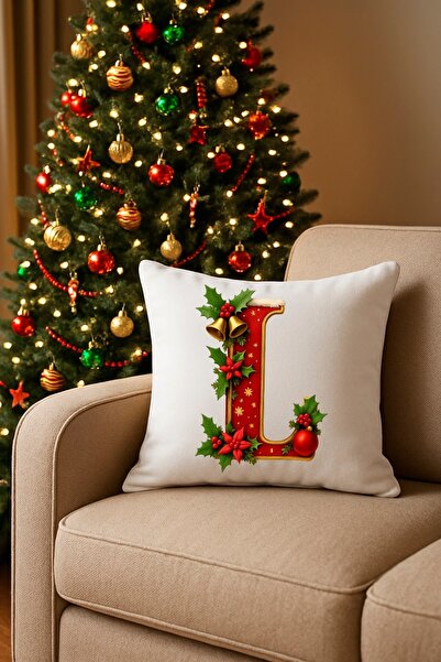MİNOZA Digital Printed Red Letter L Decorative Throw Pillow Cover with Christmas Pine Decoration
