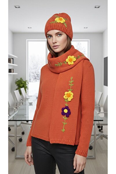 Gönülden Tasarım Ручна в'язка Квіткова обробка Жіночий комплект шапки та шарфа