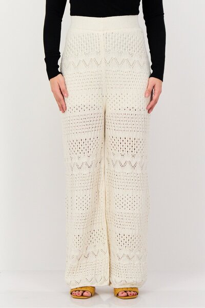 PROMOD Women Regular Fit Crochet Wide Leg Pants, Off White