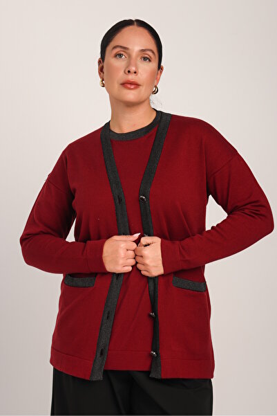Uludağ Triko Women's Burgundy Glitter Collar Buttoned Comfortable Cut Pocketed Knitwear Cardigan