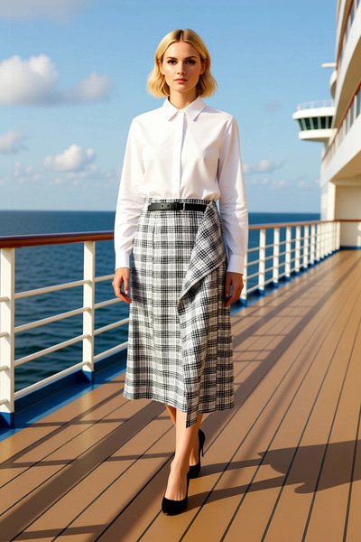 BENERLY Fusta midi de damă cu model în carouri, cu detalii din piele, funcțio...