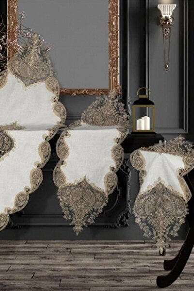 bursa çeyiz Zambak Keten 5 Parça Salon Takımı Krem Gold