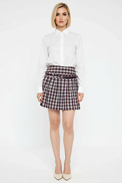 BENERLY Women's Pleated Mini Skirt Plaid Patterned Belted Fit Functional Dura...