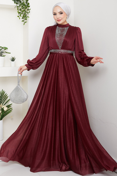 Feiza Collection Önü Piliseli Kemerli Abiye Elbise - BORDO