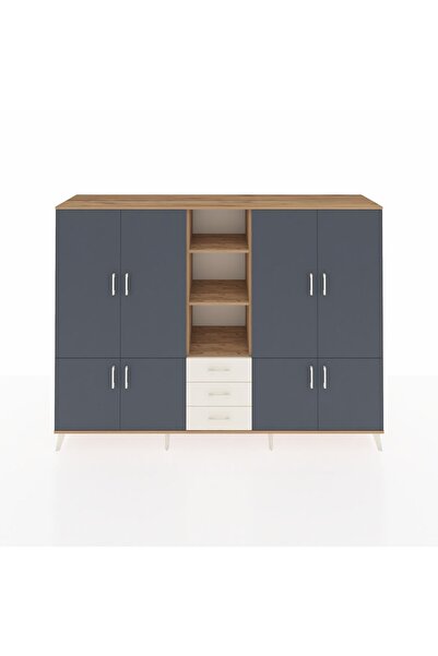 Dienni Hyperion Dolap 11 Raflı 3 Çekmeceli 8 Kapaklı 220x44x163 Çam-Antrasit/...
