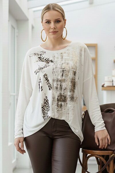 Chiccy Ιταλική μπλούζα Ecru με λαιμόκοψη με μακριά μανίκια Thin Folie Ba με τύπωμα asual Angora Ov oversized riko Bluz 68 76