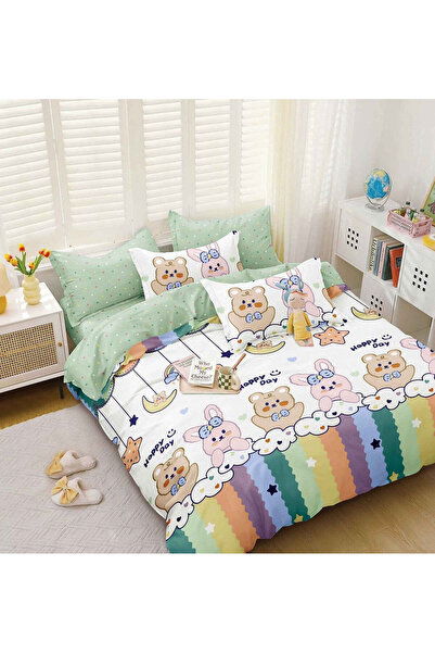 trendyhome Satin Cotton Bedding 4-Piece – Kawaii Bears & Bunnies, Multicolor