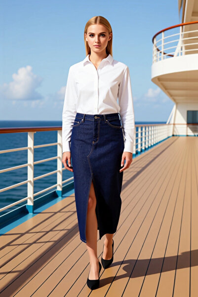 BENERLY تنورة نسائية متوسطة الطول من قماش الدنيم مصنوعة من القطن بنسبة 100% ش...