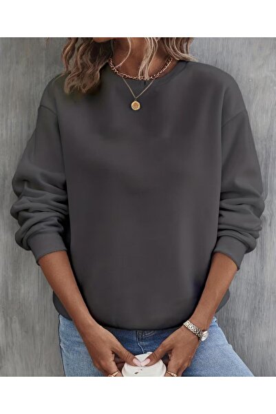 FAVORİST Women's Solid Unprinted Circular Neck Sweatshirt