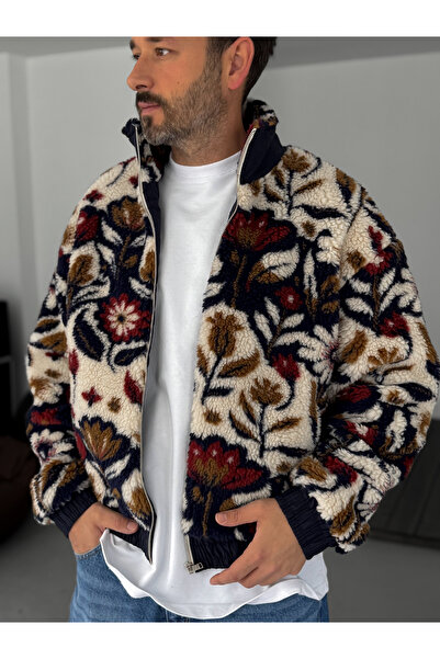 BYBASICMAN Синя плюшева куртка на блискавці з квітковим візерунком TW-7077