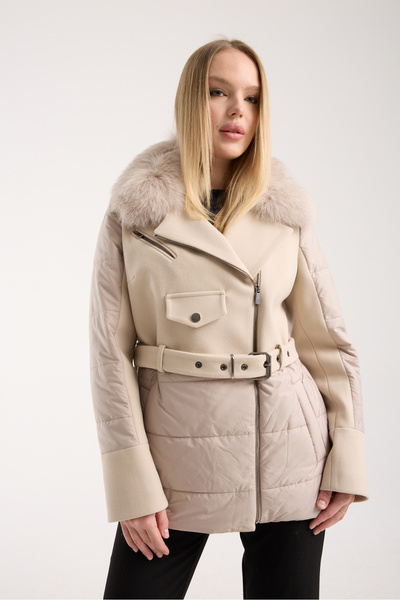 ŞEYDA ERTEM Beige Color Short Fur Trimmed Puffer Coat