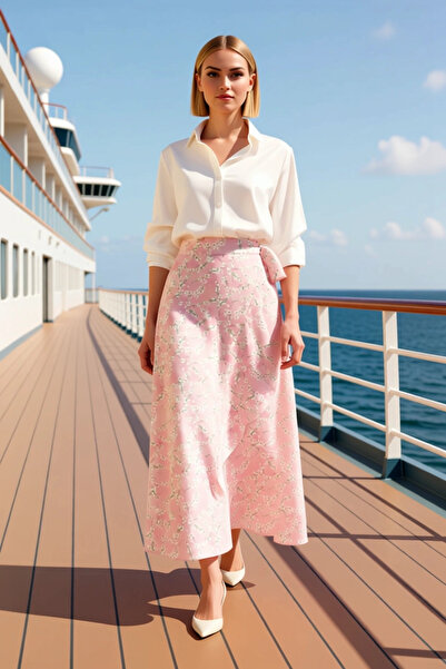 BENERLY Women's Floral Patterned Double-Breasted Maxi Skirt High Waist Belt D...