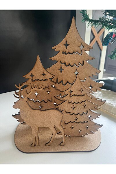 3 mm Ham MDF - Yılbaşı Ağaçları ve Geyik Figürlü