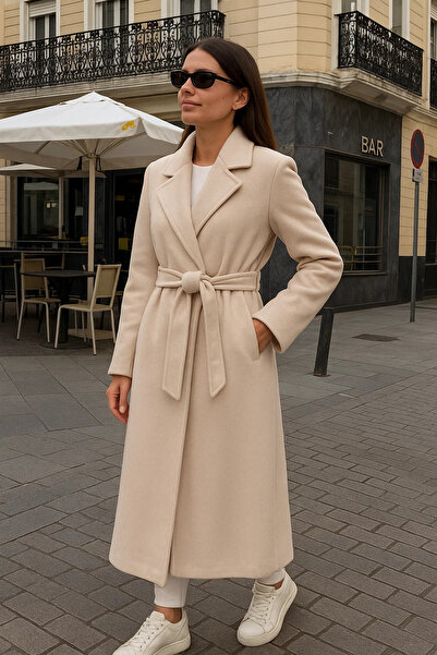 comstar Γυναικείο παλτό Comfort διπλό πέτο Trend Cream Long Cashmere