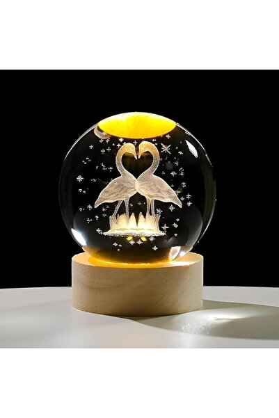 OEM Glob de cristal 3D cu inimă și păsări, LED și bază din lemn, decor romantic 6 cm
