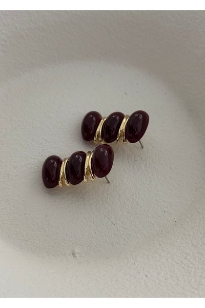 KİLİGİSTANBUL GOLD RENK BORDO REÇİNELİ RETRO KÜPE