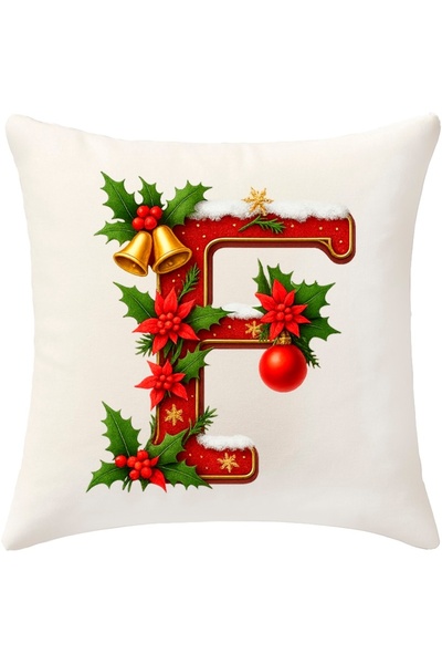 MİNOZA Digital Printed Red Letter F Decorative Throw Pillow Cover with Christmas Pine Decoration