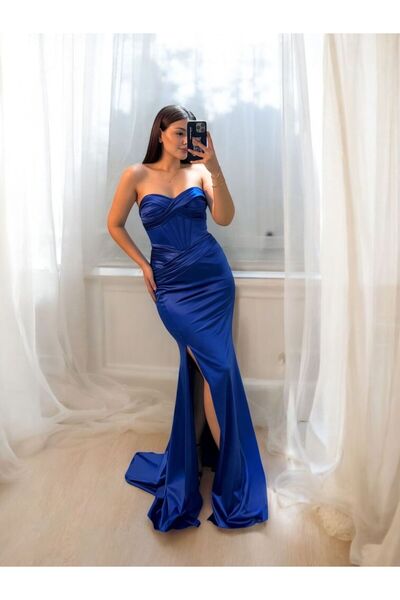 OLA Aura Korseli Balık Model Saten Straplez Lacivert Renk Abiye Elbise