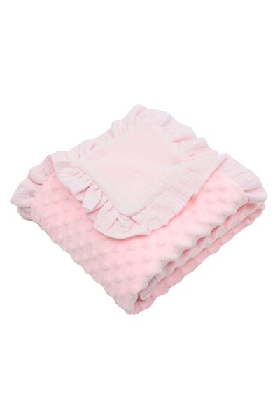 PRICHINDEL Pătură din minky și muselină „Iris” cu volane, roz, 80x100 cm