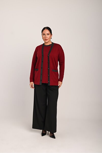 Uludağ Triko Women's Burgundy Glitter Collar Buttoned Comfortable Cut Pocketed Knitwear Cardigan