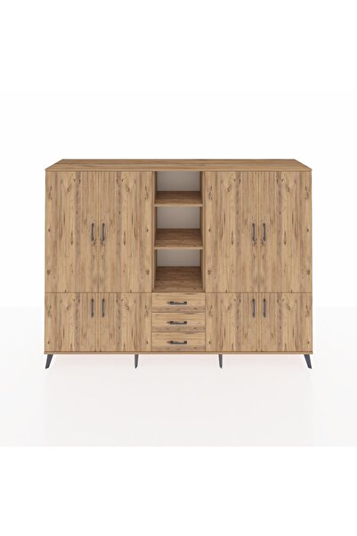 Dienni Hyperion Dolap 11 Raflı 3 Çekmeceli 8 Kapaklı 220x44x163 Çam-Çam