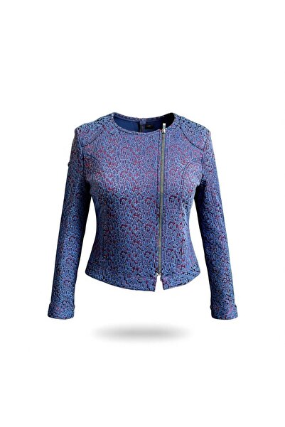 Eight Fashion Women's Animal Patterned Jacquard Washed Denim Zippered Pocket Jacket