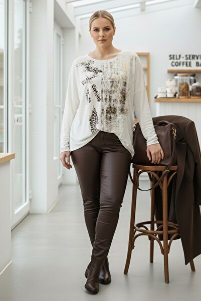 Chiccy Ιταλική μπλούζα Ecru με λαιμόκοψη με μακριά μανίκια Thin Folie Ba με τύπωμα asual Angora Ov oversized riko Bluz 68 76