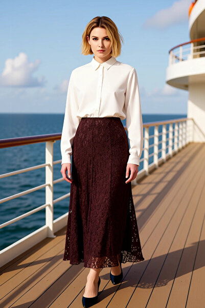 BENERLY تنورة نسائية طويلة من قماش الدانتيل المحبوك بنمط عادي وتصميم قياسي وو...