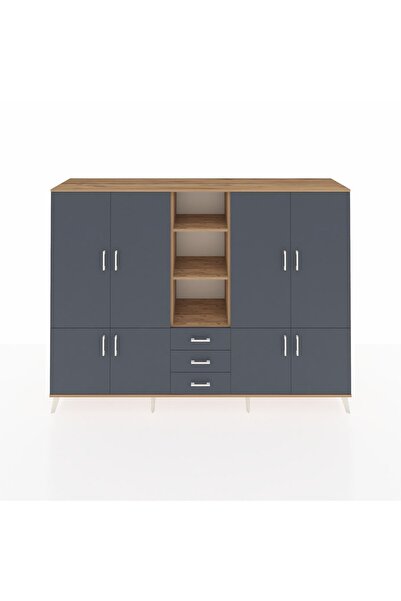 Dienni Hyperion Dolap 11 Raflı 3 Çekmeceli 8 Kapaklı 220x44x163 Çam-Antrasit