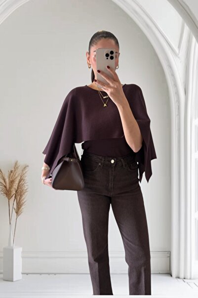 MODAMERSİ Women's Brown Oversized Cape Model Knitwear Sweater