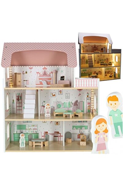 Ikonka Peonio Pink Wooden Dollhouse with LED, 5 Rooms & Balcony, Fully Furnished (26.5x61.5x70 cm)