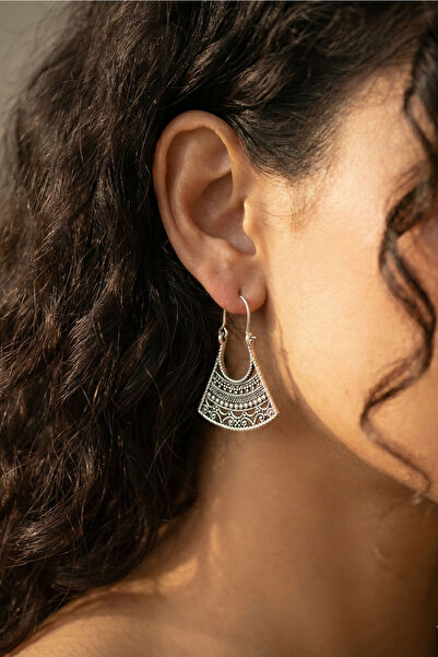 Clandestino Ethnic Patterned Trapezoid Shape Bohemian Earrings Silver