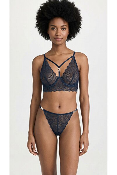 Laperissa Navy Blue Lace Stone, Glitter Detail Bralette & Panty Set – Stylish...