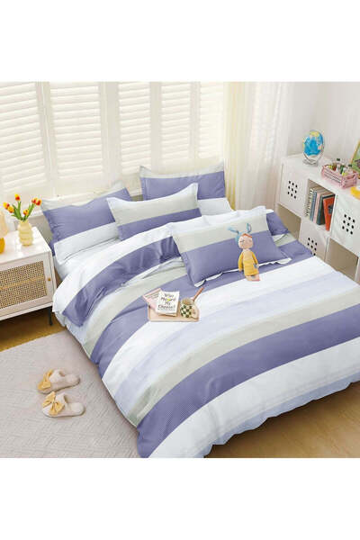 trendyhome Double Bed Bedding, Satin Cotton 4 Pieces – Stripes Blue, White/Grey