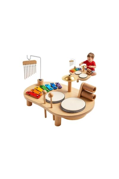 KRUZZEL Wooden musical table sensory toy with drums, xylophone, bells, age 3+