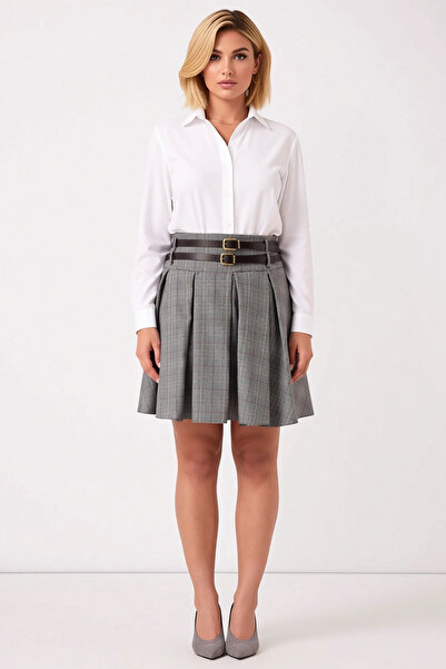 BENERLY Women's Pleated Mini Skirt with Belt Woven Checkered Pattern Function...