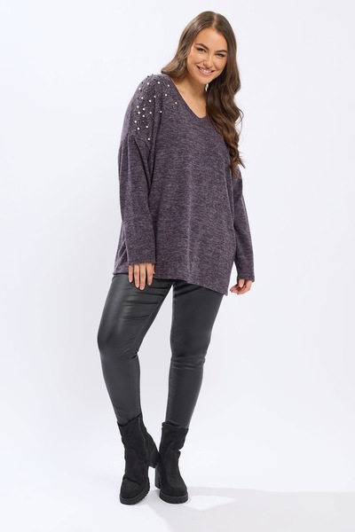 Stil Diva Plus Size V-Neck Long Sleeve Beaded Plush Sweatshirt 285054