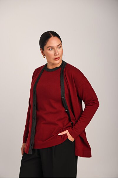Uludağ Triko Women's Burgundy Glitter Collar Buttoned Comfortable Cut Pocketed Knitwear Cardigan