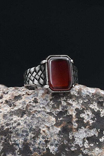 Prestige Örgü Tasarım Kare Akik Taşlı 925 Ayar Gümüş Yüzük 902432