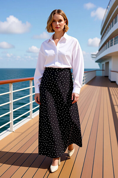 BENERLY Fusta țesută maxi cu model cu buline pentru femei, cu talie înaltă, î...