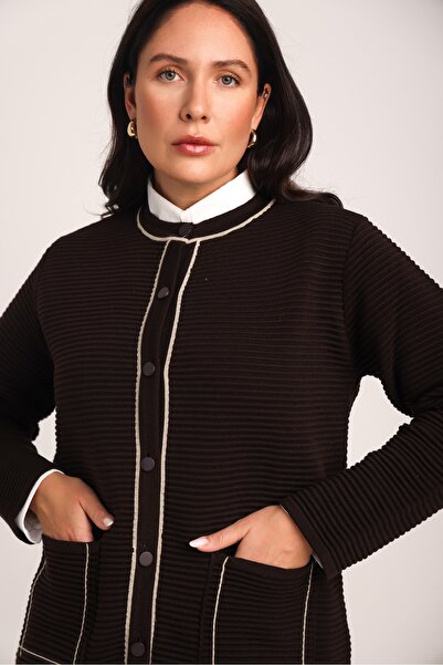 Uludağ Triko Women's Brown Striped Woven Detailed Pocketed Knitwear Knitted Cardigan