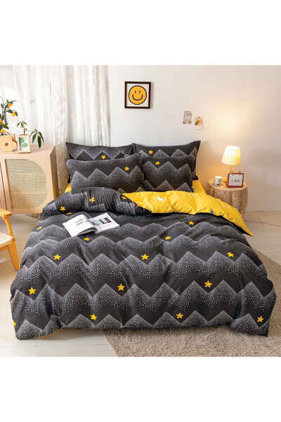 trendyhome Double Bed Bedding Set, Satin Cotton, 4 Pieces – Yellow Stars, Grey