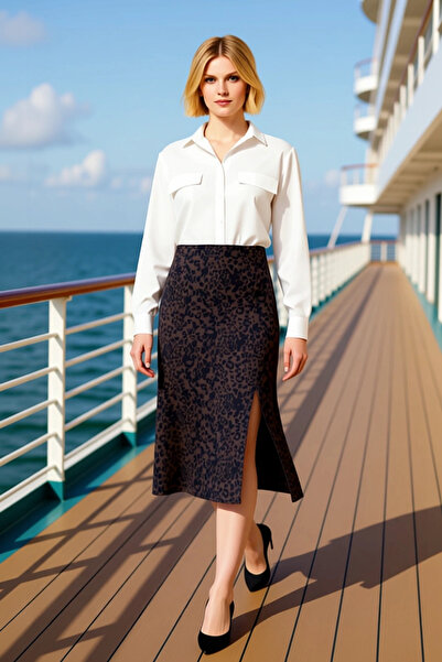 BENERLY Kadın Çiçek Desenli Yırtmaçlı Midi Dokuma Etek Yüksek Bel A Kesim %10...