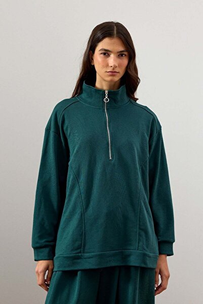 Ceylan Otantik Σμαραγδένιο μπλουζάκι με μισό φερμουάρ με 3 κλωστές