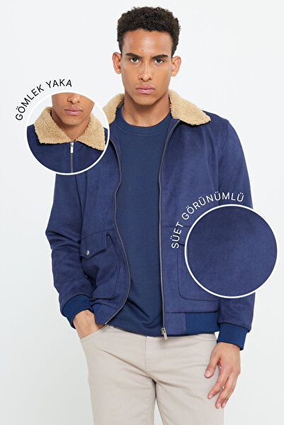 AC&Co / Altınyıldız Classics Navy Blue Standard Fit Regular Cut Shirt Collar Suede Look Coat