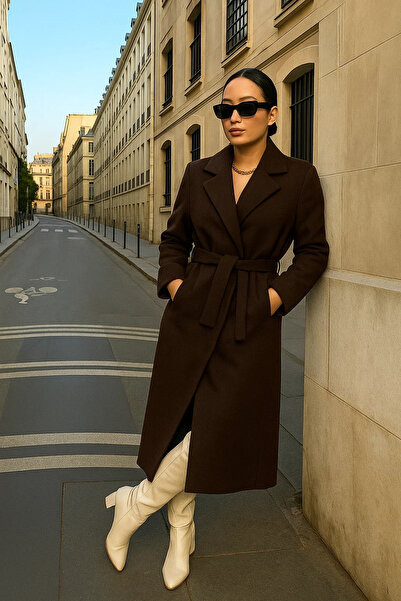 comstar Γυναικείο παλτό Trend Basic Long διπλό πέτο Brown Cashmere