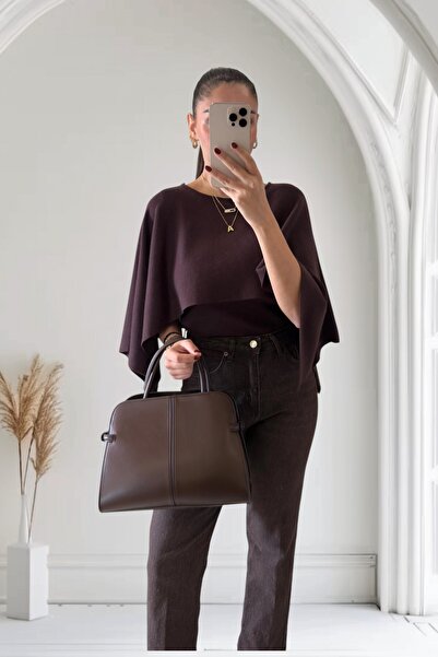 MODAMERSİ Women's Brown Oversized Cape Model Knitwear Sweater