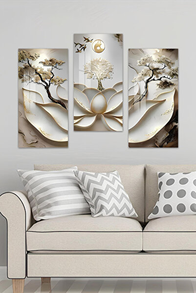 kutuTR 3D Görünümlü 2D UV Baskı Temperli Cam Tablo Set – Lotus Çiçeği ve Ağaç...