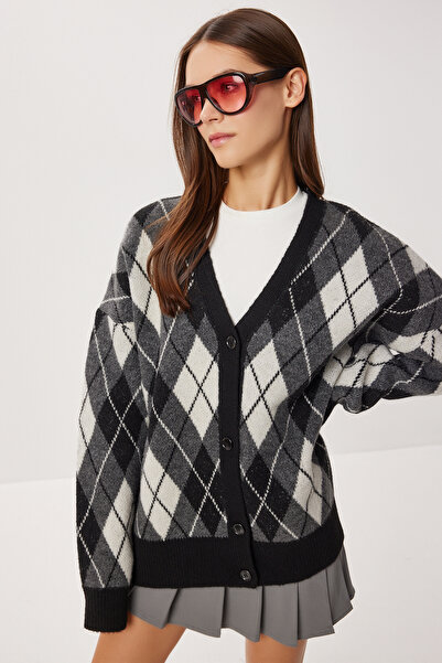 Lovelyİstanbul Oversized Diamond Patterned Knitwear Cardigan Lxa0028 Black Anthracite