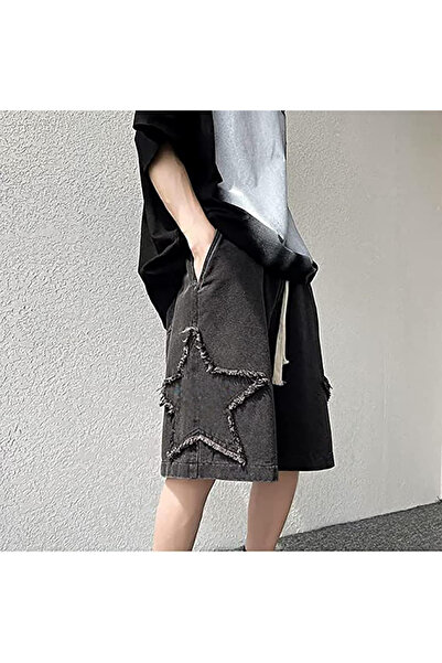 8line Black Star Detailed Drawstring Unisex Short Denim Shorts